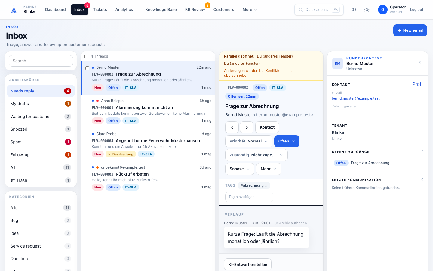 Klinke Inbox mit geöffnetem E-Mail-Vorgang und Kundenkontext