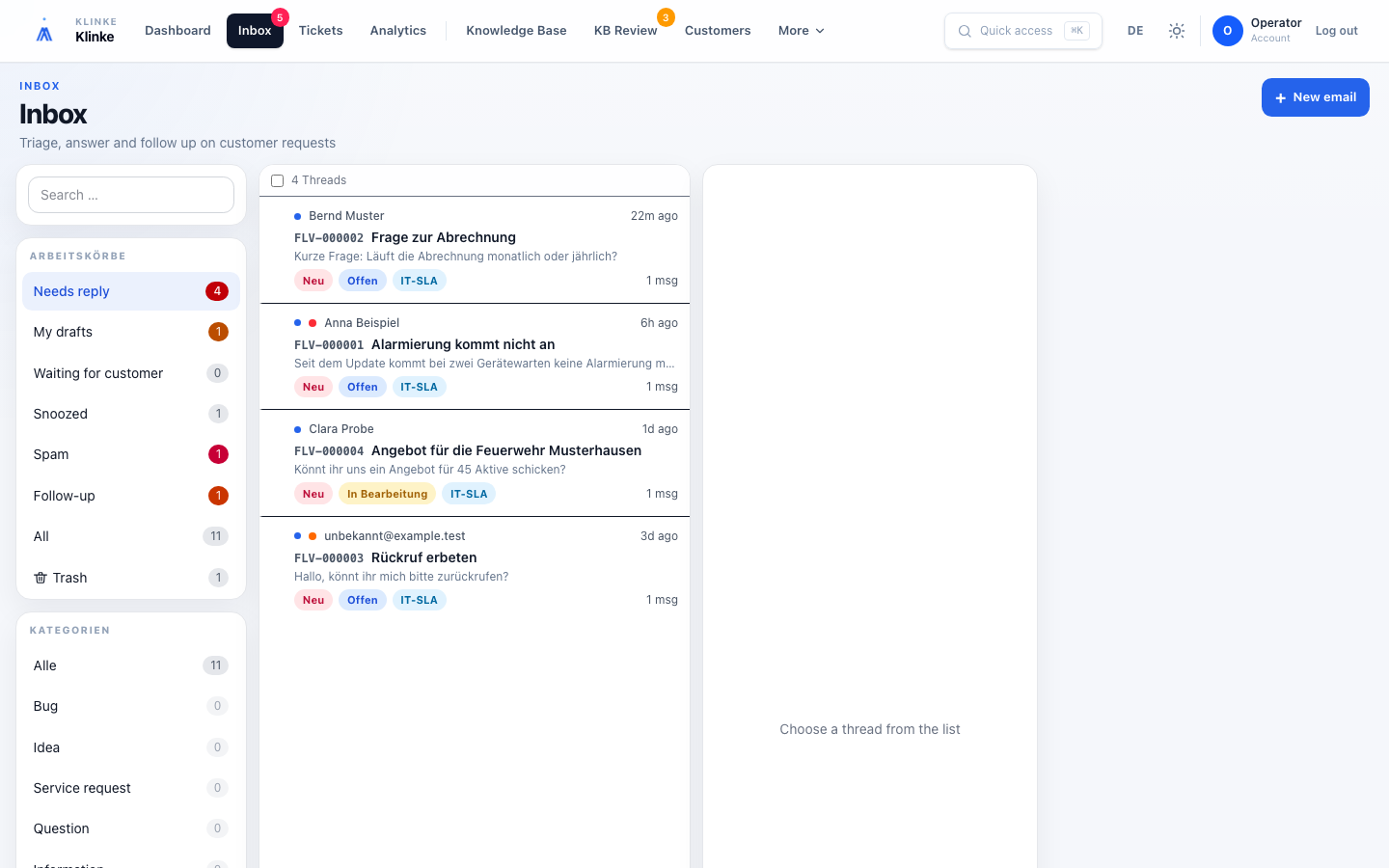 Klinke Inbox mit Arbeitskörben und offenen Vorgängen